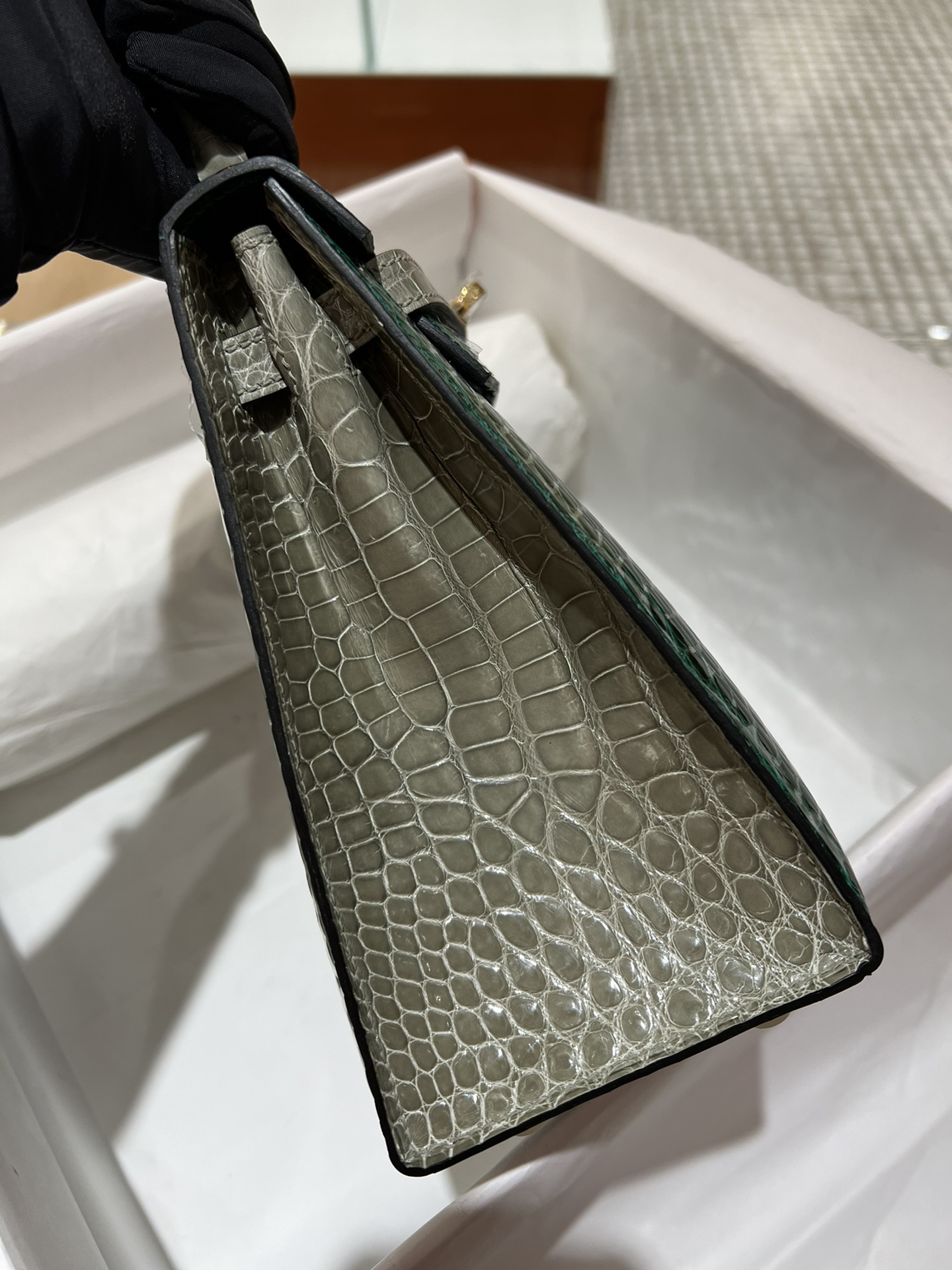 Hermes Kelly 25cm Handbag Shoulder Bag In Vert Emeraude Grey Shiny Crocodile Niloticus Leather